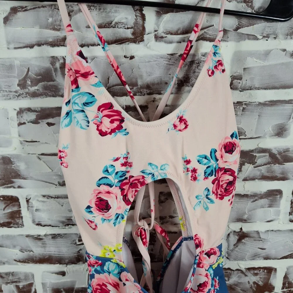 Cupshe XL One Piece Swimsuit Blue Pink Floral Open Front - Picture 3 of 6